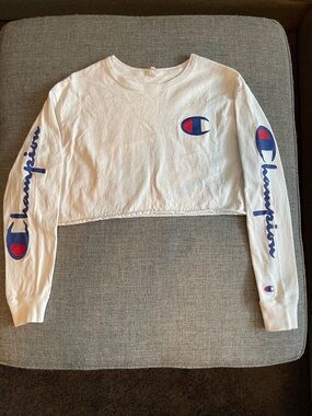Champion White Crop T-Shirt with Blue and Red Logo